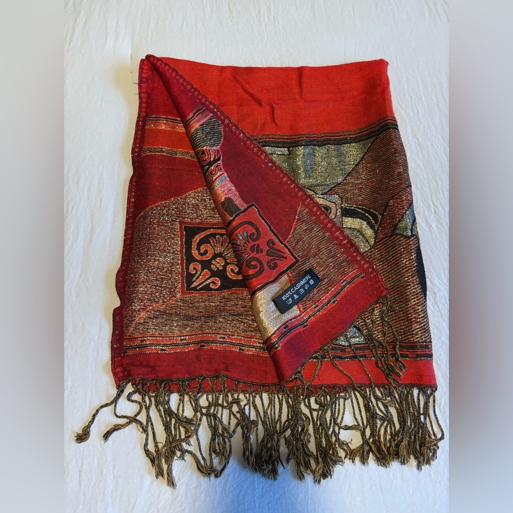 Women’s 100% Cashmere Shawl Scarf Wrap Red and Gold Print Fringe Neck Warmer